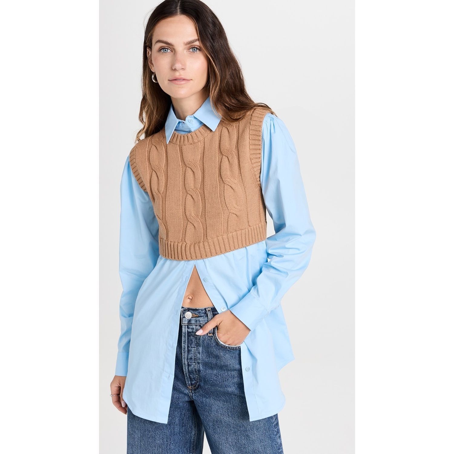 Nwt Staud Cooper Knit Vest And Poplin Long-Sleeve Combo Shirt Camel $375